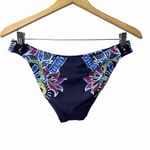 Trina Turk  Women's Navy Floral Bikini Bottom Size 10 Side Strap Gold Accent Swim Photo 1