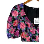 ZARA NWT  Floral Cropped Top Plunging Neck Puff Half Sleeves S Black Pink Purple Photo 3