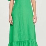 Sandro  Falbala Green Puff Sleeve Midi Dress S | Cutout Ruffle Hem Rainbow Jewel Photo 0