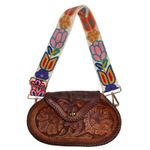 Vintage 1970s Tooled Leather Floral Crossbody Bag with Embroidered Strap Brown Photo 0