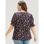 Bloomchic  Floral Print Puff Sleeve Round Neck Ruffle Trim Blouse Black 30 Photo 1