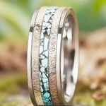 Men’s 8mm Stainless Steel Silver Deer Horn w/ Crushed Turquoise Inlay Band S 13 Photo 1