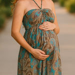 Maternal America Womens Dress Size XL Teal Brown Paisley Halter Maternity NEW Photo 0