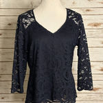 Nanette Lepore  navy blue V-neck 3/4 length sleeve floral lace top/blouse Size L Photo 0