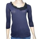 J.Crew  Women’s S Navy Blue Black Ruffle Garland Neck Cotton Scoop Neck T-Shirt Photo 0