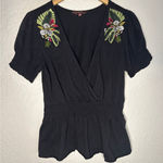Anthropologie Ranna Gill Hibiscus Embroidered Black Top Boho Indie Casual XS Photo 0