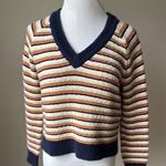 Madewell  Arden Cropped Cream and Blue V-Neck Sweater with Navy Trim Photo 1