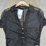 ZARA NWT Women’s Ruched Front Lace Blouse Top V-Neck Sheer Shimmer Black Gold M Photo 5