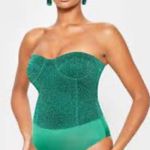 Pretty Little Thing Dark Green Glitter Bandeau Cupped Bodysuit Photo 0