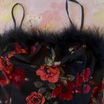 Boutique designer silky black rose all over tank top with fur neckline (L) NEW Photo 1