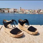 Sedette Sandal Co. Black Canvas & Wood Platform Wedge Retro Sandals Size 9.5 Photo 1