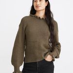 Madewell Ruffle Neck Cotton Merino Wool Boxy Pullover Sweater Olive Green Photo 0