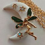 Glitter Wing Fairy On White Crescent Moon Brooch Pin Pendant Gold Photo 1