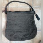 Free People  Wilhelmina Canvas Leather Black / Gray/Denim Ruffle Boho Bucket Bag Photo 3