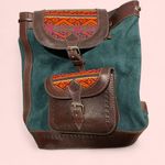 Handmade Groovy Aztec rainbow stitched green suede chocolate leather bucket backpack bag Photo 1
