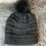 Winter Cap Gray Cable Knit Faux Fur Puffy Ball Womens Hat One Size Photo 3