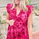 Evereve  two-tone floral print ruffle cap sleeve mini dress in pink and red, S Photo 0