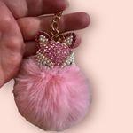 Rhinestone Pink Cat Pompom Key Ring Purse Charm Photo 1