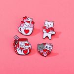 4 Pcs Red, Pink & White Color Black Cat Shape Pin Set Simple‎ Animal Theme Pin Red Photo 2