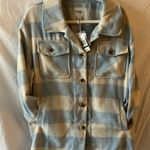 Kensie NWT:  Jeans blue/cream SHACKET oversized plaid button up-pockets~size L Photo 4