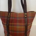 Longaberger Homestead Brown Multi Colored Gingham Plaid Fall Small Tote Purse Photo 3