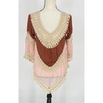 GORGEOUS M/L Brown/Pink Ivory Crochet Beach Pool Cover Up Hi Lo Hem Boho Hippie Pink Size M Photo 2