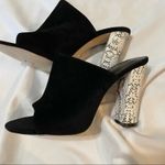 Raye  Black Suede Peep Toe Slip On White Python Print Chunky Heels Womens 9.5 Photo 2