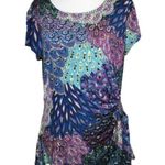 S Levine Blue Multicolor Peacock Short Sleeve Faux Wrap Casual Top M Pink Size M Photo 0