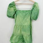 H&M  Green Tie Dye Mini Dress Peasant Puff Sleeve Tiered Boxy Women Size Small Photo 0