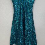 Dress the Population Teal Sequined Sequin Mini Halter Skater Dress size Small Photo 13