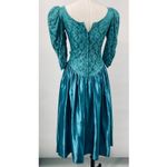 Vintage 80s Lace Satin Fit & Flare Midi Dress Puff Sleeve Rosette Teal Womens 0 Blue Photo 7