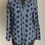 Escapada  sz S blue white print v-neck‎ work blouse Photo 0