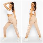 Boohoo  Tan Stone C’est La Vie Slogan Joggers Stretch Sweatpants Sz 12 Large Photo 1