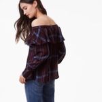 Loft purple plaid casual off the shoulder ruffled sleeves top blouse S Photo 12