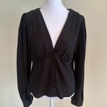 frame denim Frame Black Empire Pleat Silk Long Sleeve V Neck Top Blouse Size Medium NWT Photo 1