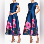Kay Unger NEW Ina Peony Floral Belted Blue Pink Midi Dress, Size 6 MSRP $318 Photo 2
