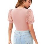 Crochet Lace Puff Sleeve Bodysuit XL Pink V Neck Ribbed Knit Snap Closure NEW Photo 1