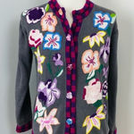 Storybook Knits Beautiful Colorful Whimsical Floral Knit Cardigan Small Gray Photo 0