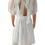 Lulus  White Gingham Puff Sleeve Dress Large Cottagecore V-Neck Open Back Bow Photo 5