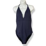 J.Crew  Swimsuit One Piece Scalloped Neckline Deep V-Neck Size 10 Navy Blue‎ Photo 2