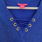 Sunny Leigh Top Cobalt Blue Glitter Sparkle 3/4 Sleeve Faux Lace Up Shirt M EUC Photo 2