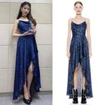 Alice + Olivia Christina Hi‑Lo Dress Size 6 Winter Palace Cowl Neck blue black Photo 2