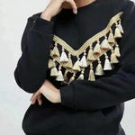 Glamorous  Black Sweatshirt with Gold Fringe Tassels Size Xs Photo 0
