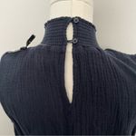 Sundays  Top Gauze Cropped Mock Neckline Smocked Waist Quiet Luxury Navy Blue Photo 5