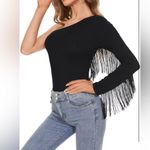 Women's Fringe Trim One Shoulder Long Sleeve Bodysuit Bodycon Leotard. (178) Black Size M Photo 3