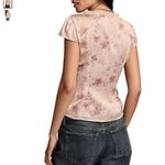Lucky Brand  Babydoll Short Sleeve Silky Satin Blouse Top Floral Womens L NWT Photo 2