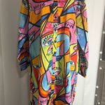 Abstract Face Print Button Front Shirt Dress Boho Art Tunic L Blue Size L Photo 0
