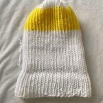 yellow and white hand knit ribbed striped beanie hat Photo 0