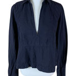Free People Navy Linen Cotton Blend Deep V Pullover Top Small Photo 0