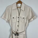 Charter Club Shirt Dress 12 Beige 100% Linen Midi Button Up Belted Short Sleeve Photo 3
